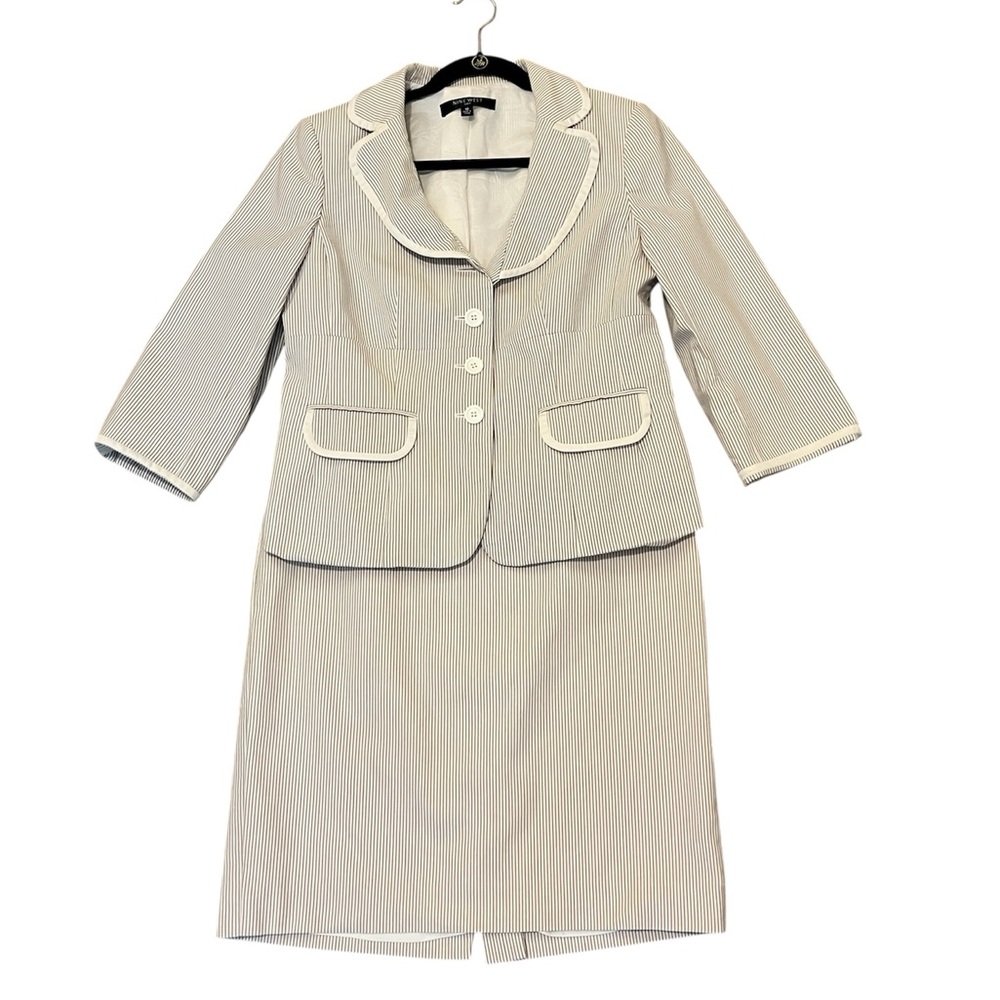 2 Piece Nine West Suite Pin-Striped Tan Cream Women's Blazer & Skirt Size: 10 - Picture 9 of 10